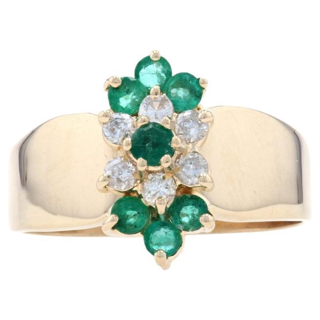 Yellow Gold Emerald & Diamond Cluster Ring - 14k Round Cut 1.00ctw Floral Halo For Sale