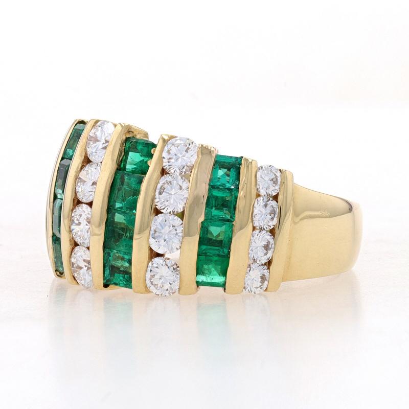 Emerald Cut Yellow Gold Emerald & Diamond Cocktail Band 18k Sq 3.80ctw Stripe Ring Sz 8 1/2 For Sale