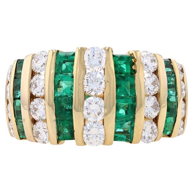 Yellow Gold Emerald & Diamond Cocktail Band 18k Sq 3.80ctw Stripe Ring Sz 8 1/2 For Sale