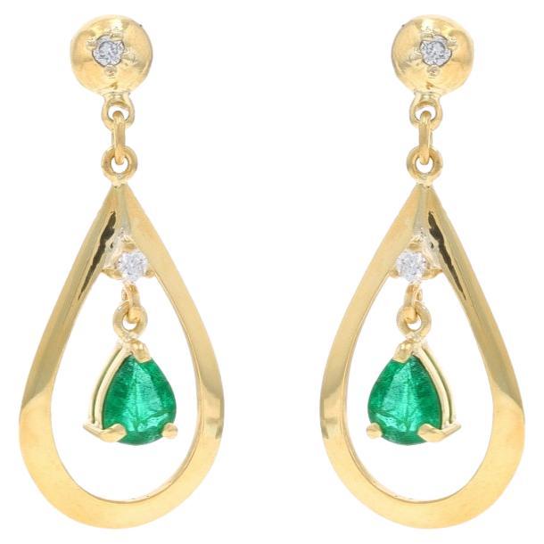 Yellow Gold Emerald Diamond Dangle Earrings - 18k Pear 1.00ctw Teardrop Pierced