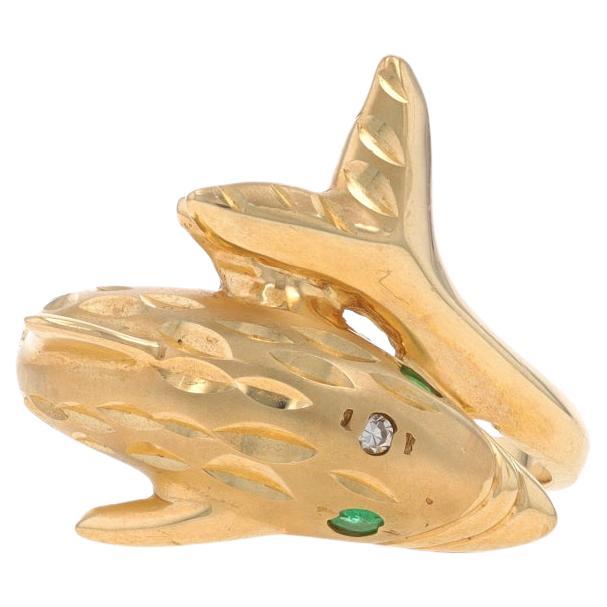 Yellow Gold Emerald & Diamond Dolphin Bypass Ring - 14k Round Ocean Life For Sale