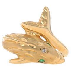 Yellow Gold Emerald & Diamond Dolphin Bypass Ring - 14k Round Ocean Life