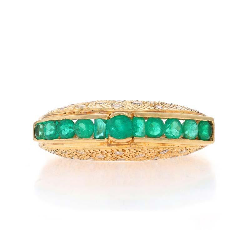 Size: 9 1/2

Metal Content: 18k Yellow Gold

Stone Information

Natural Emeralds
Treatment: Oiling
Carat(s): 1.21ctw
Cut: Round & Emerald
Color: Green

Natural Diamonds
Carat(s): .57ctw
Cut: Single
Color: F - G
Clarity: SI2 - I1

Total Carats: