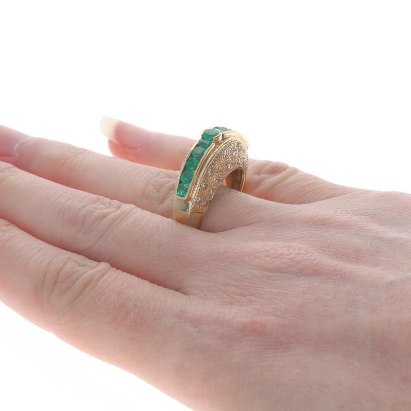 Women's Yellow Gold Emerald Diamond Dome Band - 18k Round & Emerald 1.78ctw Stripe Ring For Sale