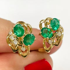 14K Yellow Gold Emerald Diamond Earrings, 1.50ctw, Contemporary Design