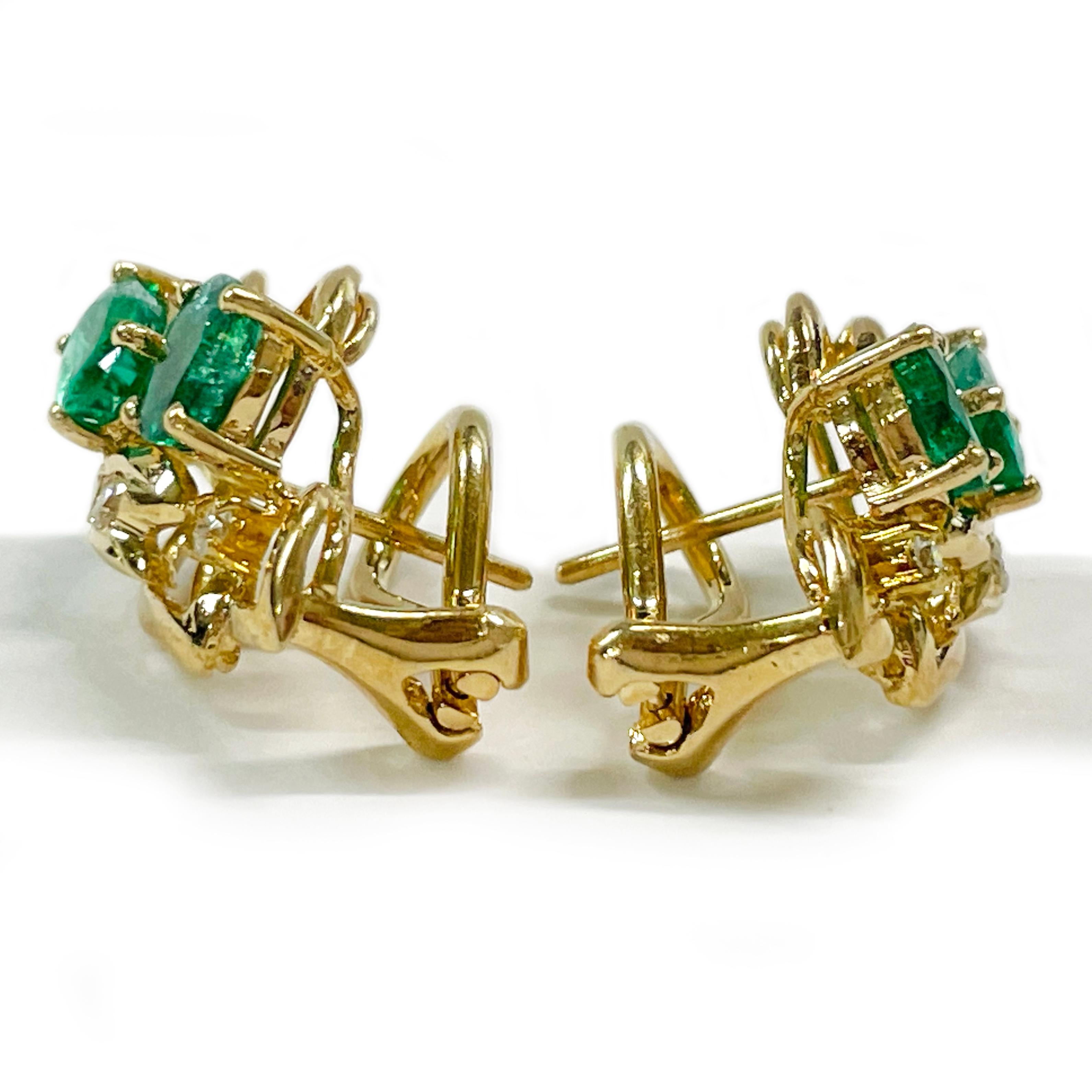 Contemporary Yellow Gold Emerald Diamond Earrings For Sale