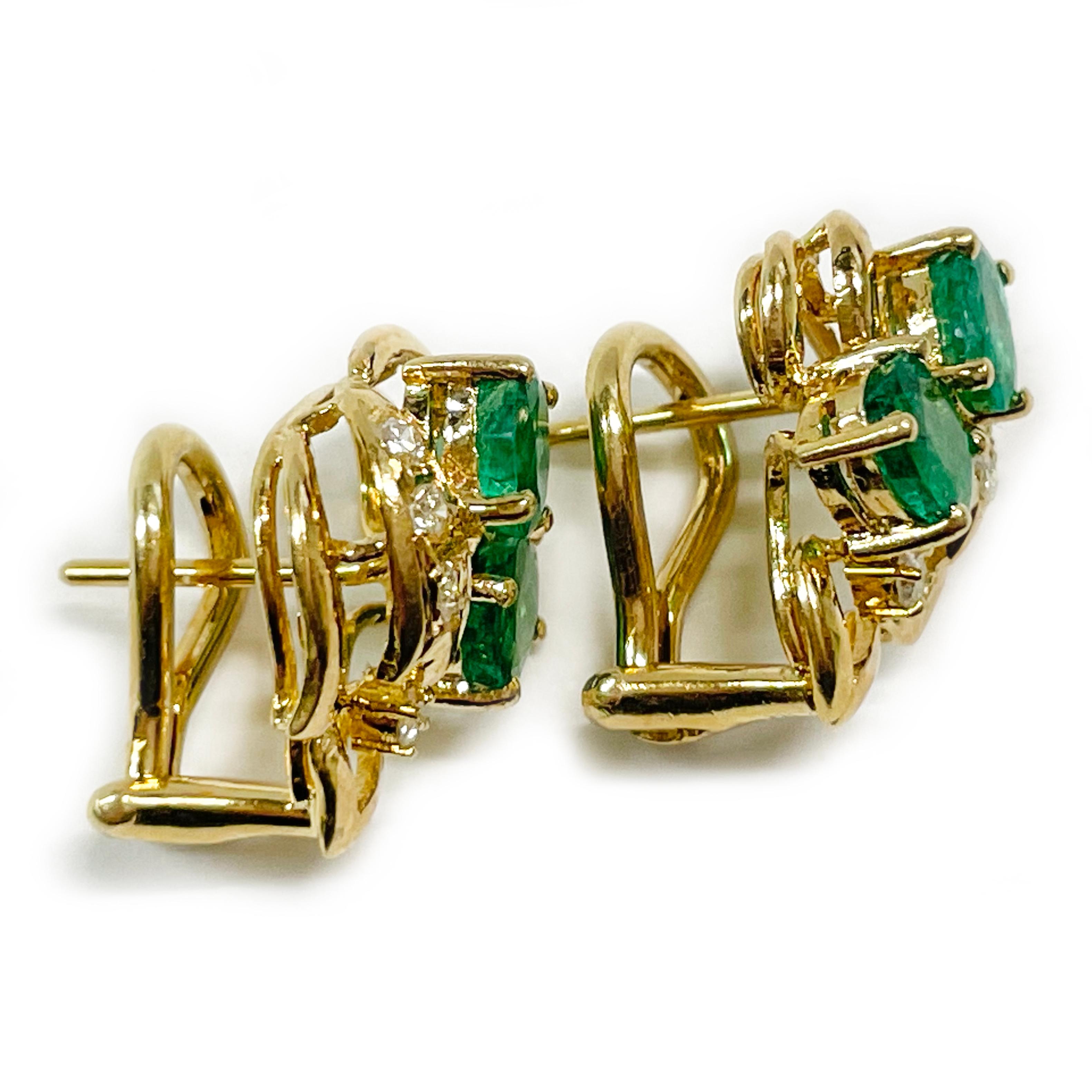 Square Cut Yellow Gold Emerald Diamond Earrings For Sale