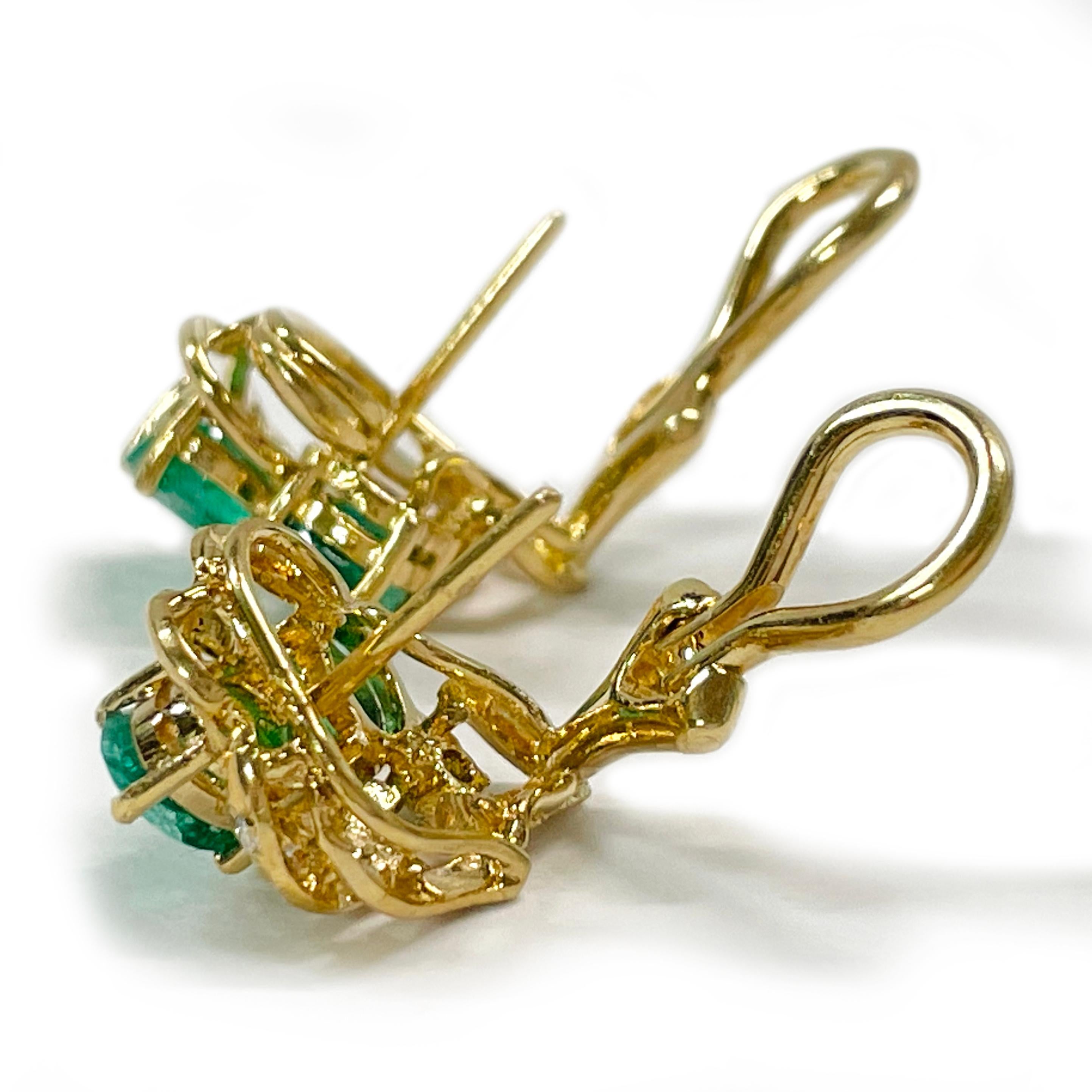 Yellow Gold Emerald Diamond Earrings In Good Condition For Sale In Palm Desert, CA