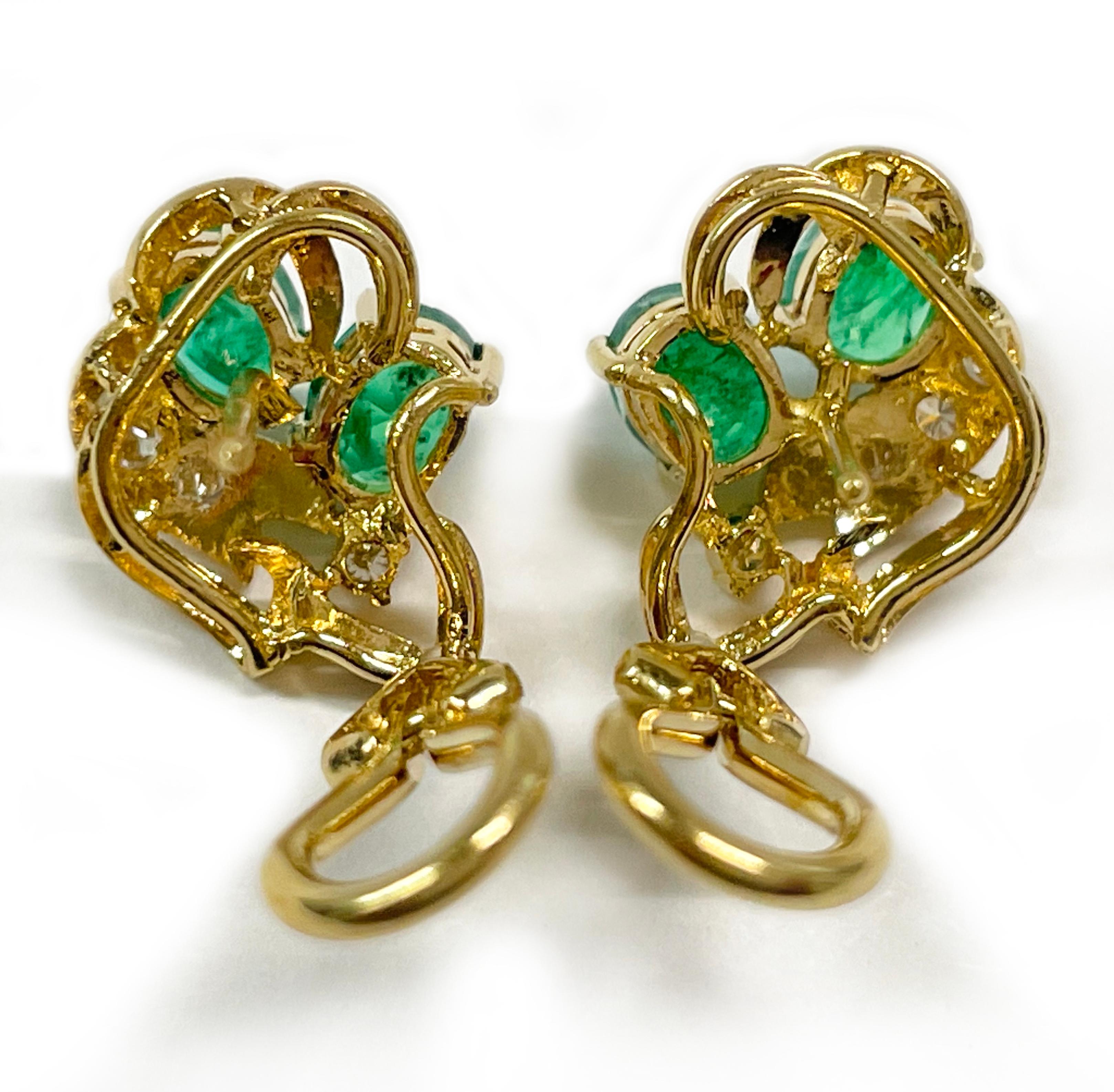 Women's or Men's Yellow Gold Emerald Diamond Earrings For Sale