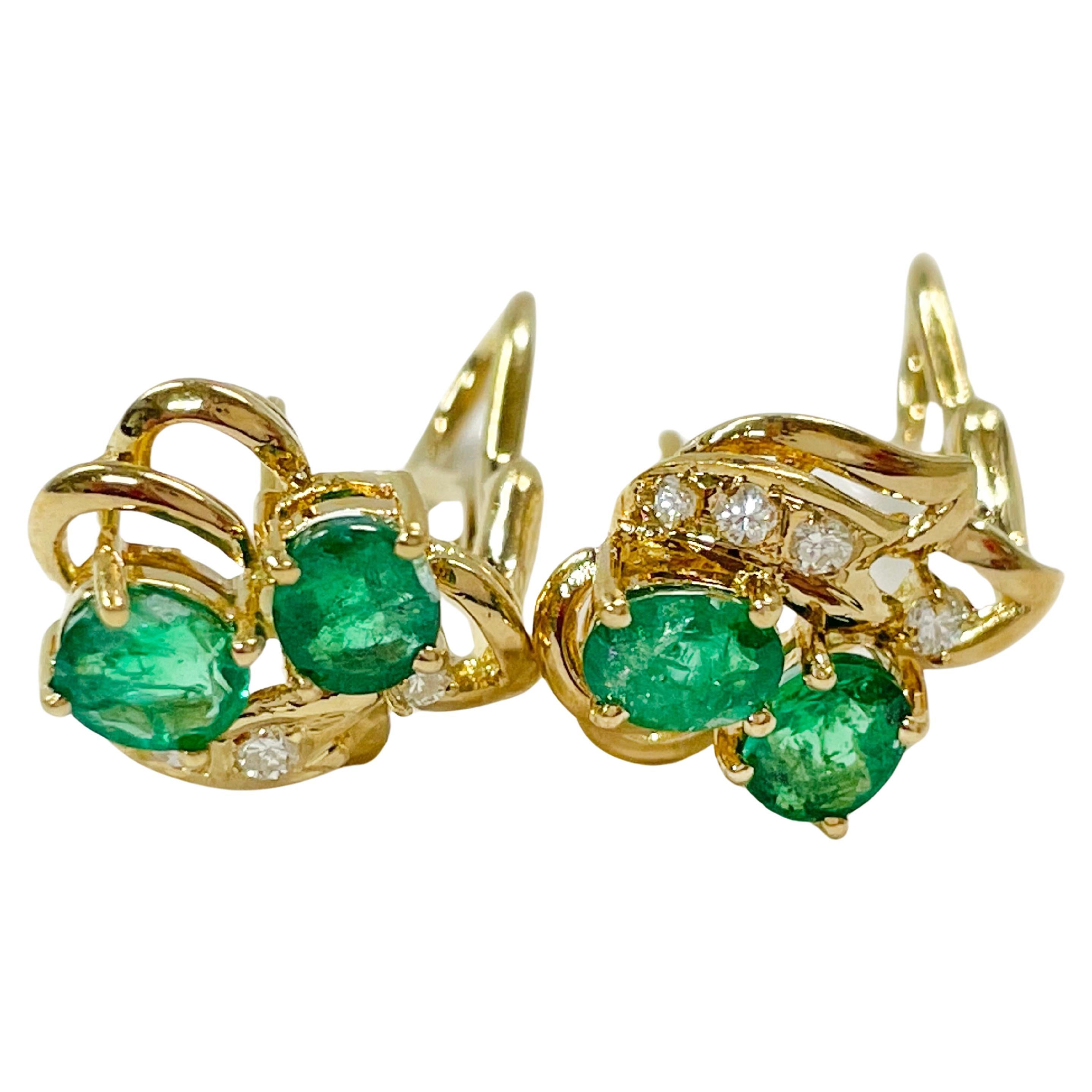 Yellow Gold Emerald Diamond Earrings For Sale