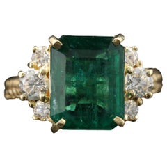 Yellow Gold Emerald Diamond Engagement Ring, Art Deco Emerald Gold Signet Ring