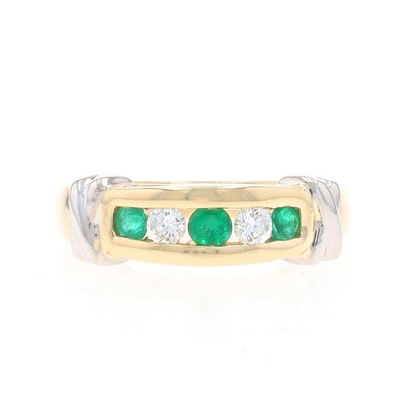 Size: 7
Sizing Fee: Up 1/2 a size for $35 or Down 1/2 a size for $35

Metal Content: 14k Yellow Gold & 14k White Gold

Stone Information

Natural Emeralds
Treatment: Oiling
Carat(s): .28ctw
Cut: Round
Color: Green

Natural Diamonds
Carat(s):
