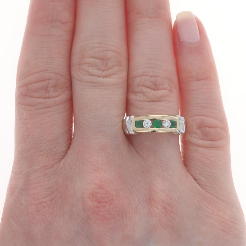 Round Cut Yellow Gold Emerald Diamond Five-Stone Band - 14k Round .46ctw Channel Set Ring For Sale