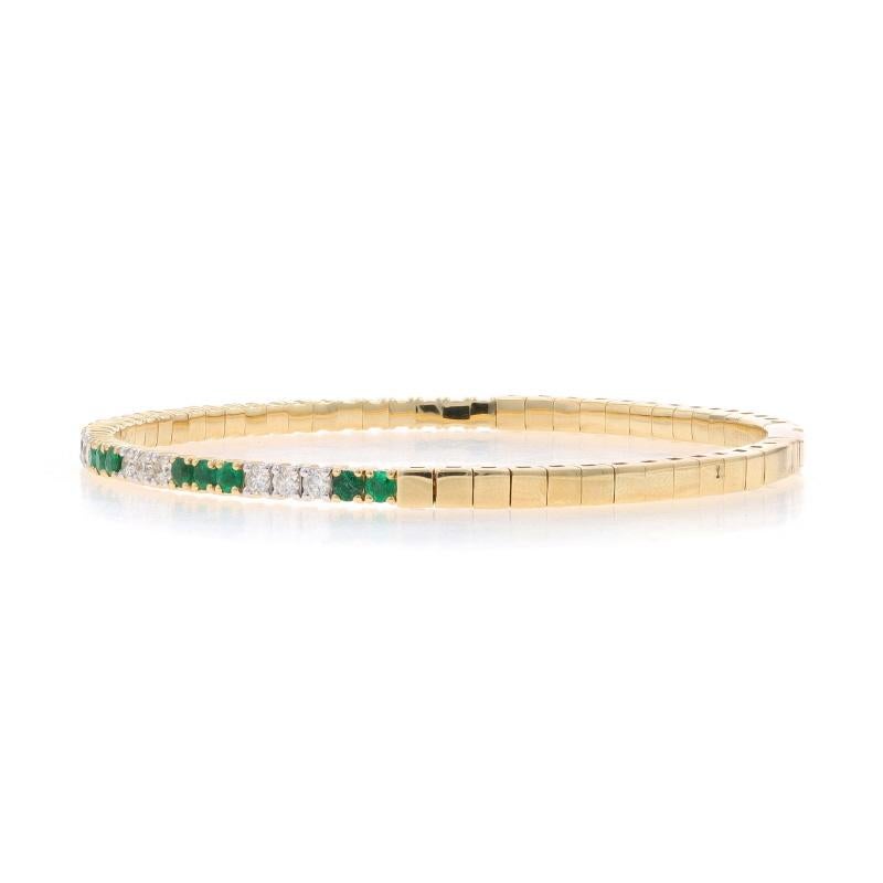 Round Cut Yellow Gold Emerald & Diamond Flex Bangle Bracelet 6 1/2