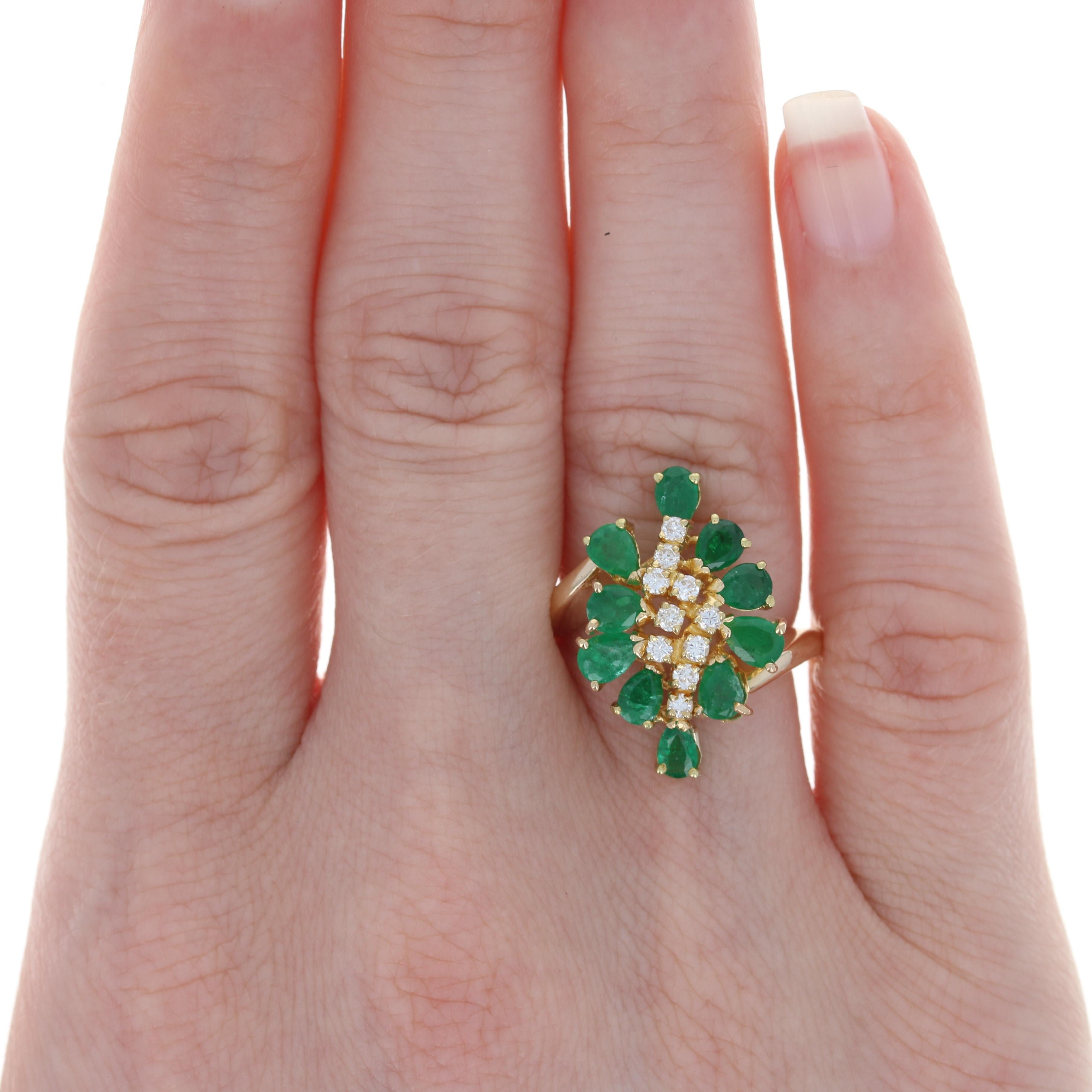 Size: 5 1/2
 Sizing Fee: Down 1 size for a $40 fee or up 2 sizes for a $50 fee
 
 Metal Content: 18k Yellow Gold
 
 Stone Information: 
 Genuine Emeralds
 Treatment: Oiling
 Carat(s): 2.50ctw
 Cut: Pear
 Color: Green
 
 Natural Diamonds
 Carat(s):