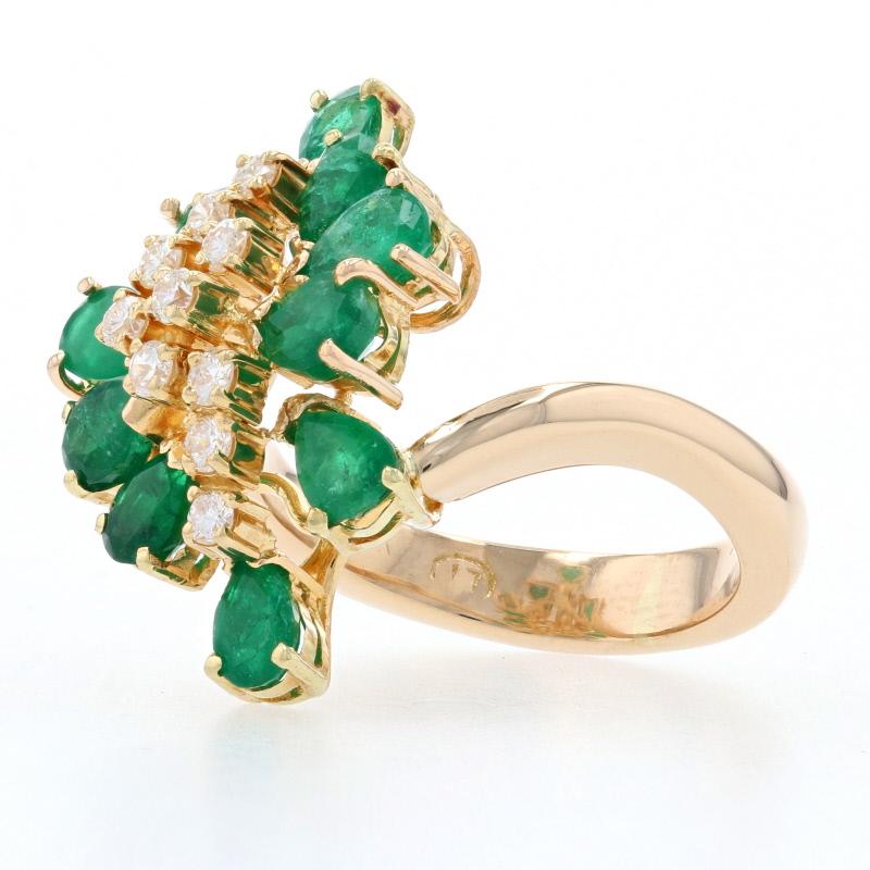 Uncut Yellow Gold Emerald & Diamond Flower Cluser Halo Bypass Ring, 18k Pear 2.75ctw For Sale