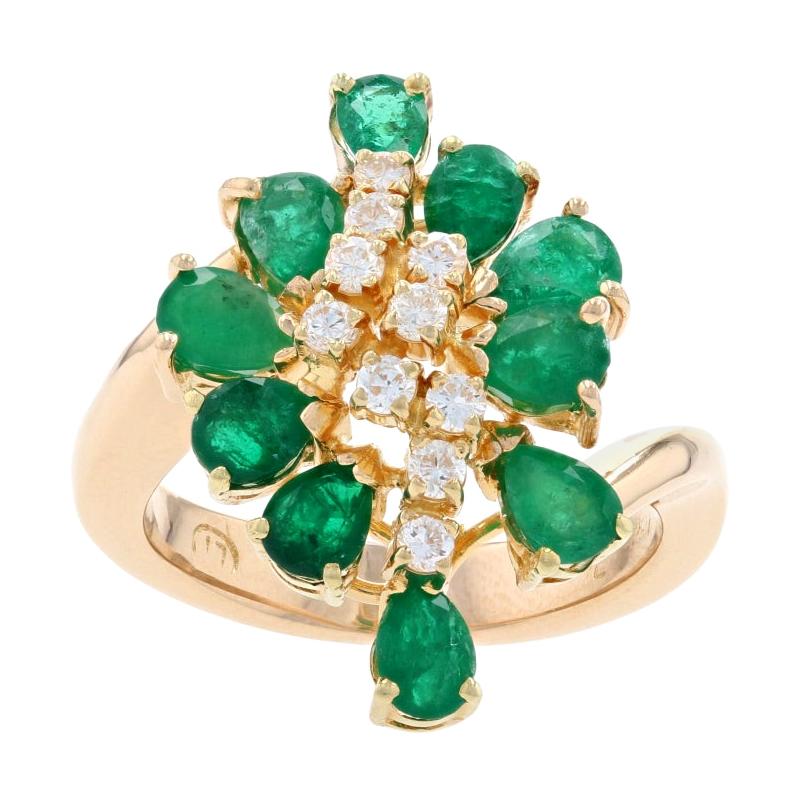 Yellow Gold Emerald & Diamond Flower Cluser Halo Bypass Ring, 18k Pear 2.75ctw For Sale