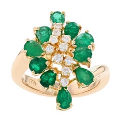 Vintage Yellow Gold Emerald & Diamond Flower Cluser Halo Bypass Ring, 18k Pear 2.75ctw