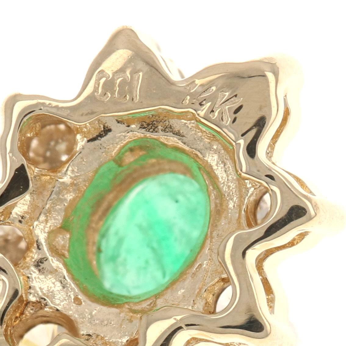 Women's Yellow Gold Emerald & Diamond Flower Halo Enhancer Pendant, 14k Oval Cut .59ctw For Sale