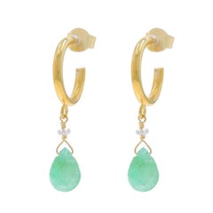 Yellow Gold Emerald Diamond Half-Hoop Dangle Earrings 22k Rose Cut Pear 5.32ctw