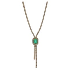 Yellow Gold Emerald Diamond Halo Bolo Necklace 16 1/2" - 14k 2.45ctw