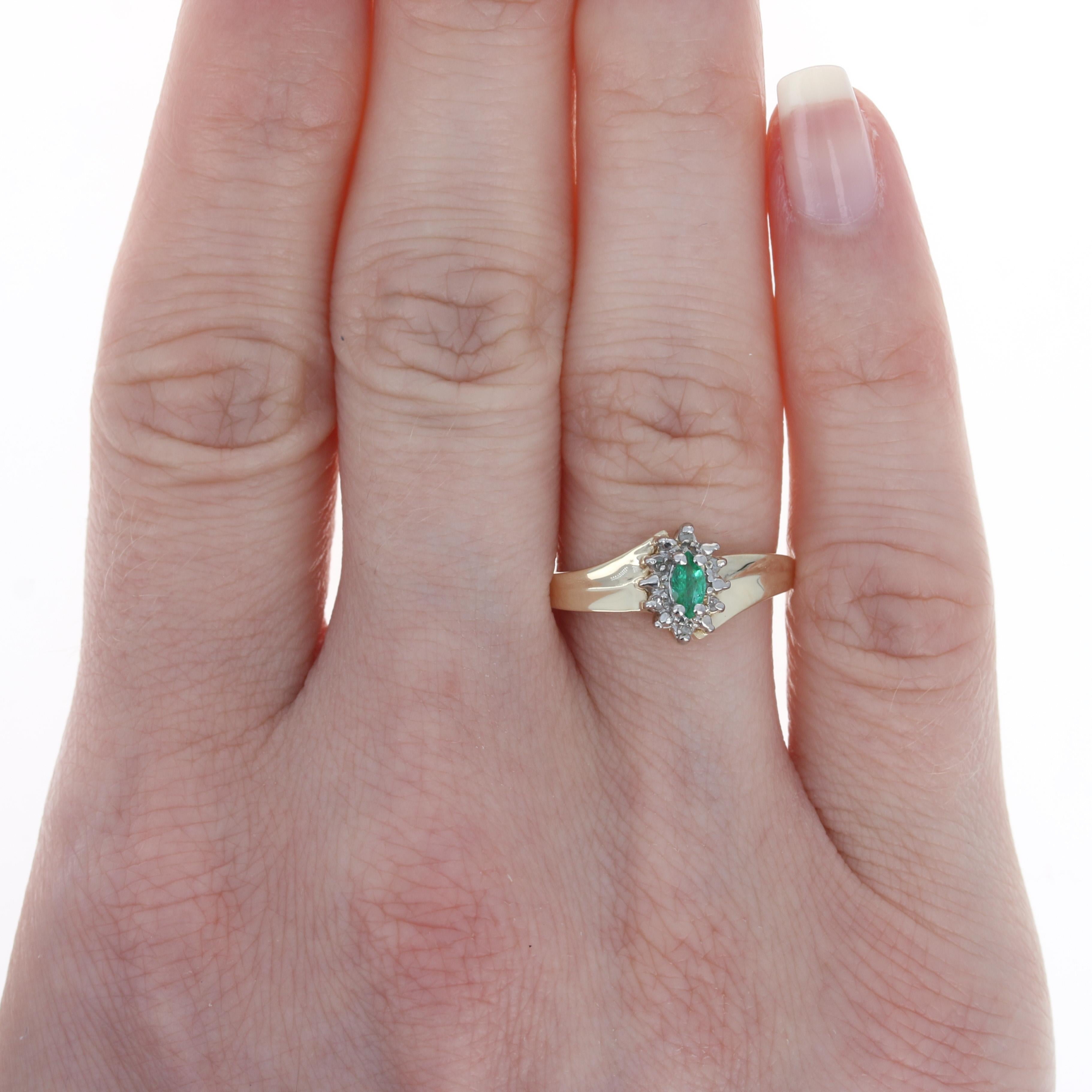 Yellow Gold Emerald & Diamond Halo Bypass Ring, 10k Marquise Cut .24ctw 2