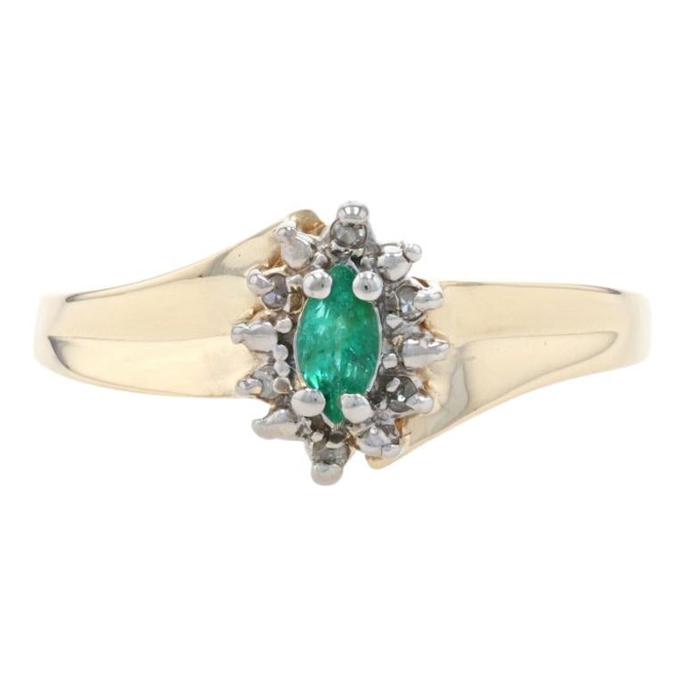 Yellow Gold Emerald & Diamond Halo Bypass Ring, 10k Marquise Cut .24ctw