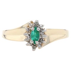 Antique Yellow Gold Emerald & Diamond Halo Bypass Ring, 10k Marquise Cut .24ctw