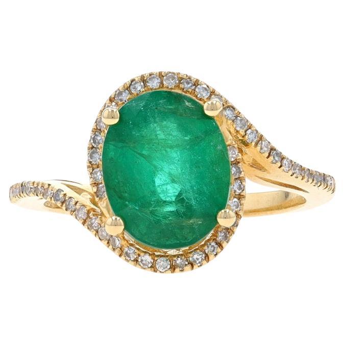 Yellow Gold Emerald & Diamond Halo Bypass Ring - 14k Oval 2.50ctw For Sale