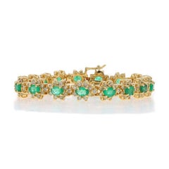 Yellow Gold Emerald & Diamond Halo Link Bracelet 7" - 14k Oval 11.39ctw Floral