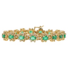 Yellow Gold Emerald & Diamond Halo Link Bracelet 7" - 14k Oval 11.39ctw Floral