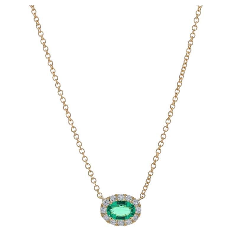 Yellow Gold Emerald & Diamond Halo Necklace 14k Oval .61ctw East-West Adjustable For Sale
