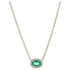 Yellow Gold Emerald & Diamond Halo Necklace 14k Oval .61ctw East-West Adjustable