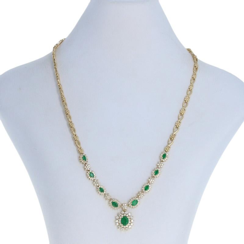 Yellow Gold Emerald and Diamond Halo Necklace, 14 Karat Oval Cut 6.10 Carat In Excellent Condition In Greensboro, NC
