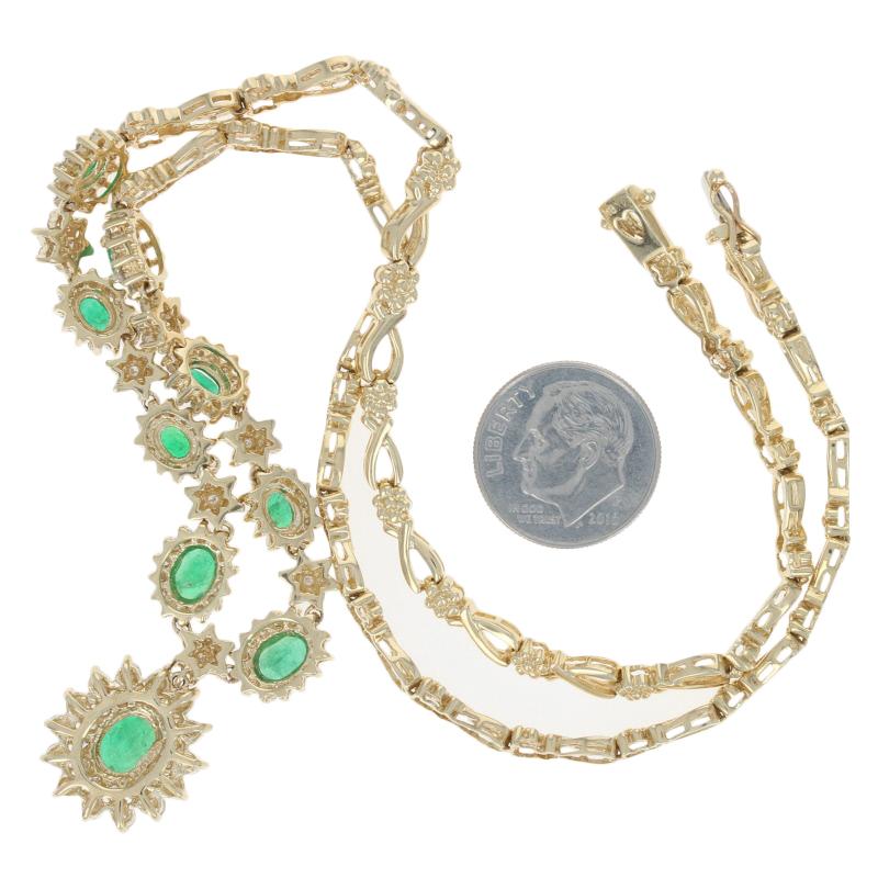 Yellow Gold Emerald and Diamond Halo Necklace, 14 Karat Oval Cut 6.10 Carat 1