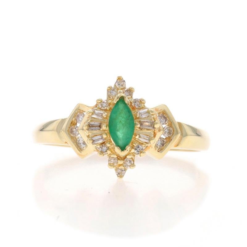 Size: 10
Sizing Fee: Up 2 sizes for $30 or Down 1 1/2 sizes for $30

Metal Content: 10k Yellow Gold

Stone Information

Natural Emerald
Treatment: Oiling
Carat(s): .30ct
Cut: Marquise
Color: Green

Natural Diamonds
Carat(s): .15ctw
Cut: Single &