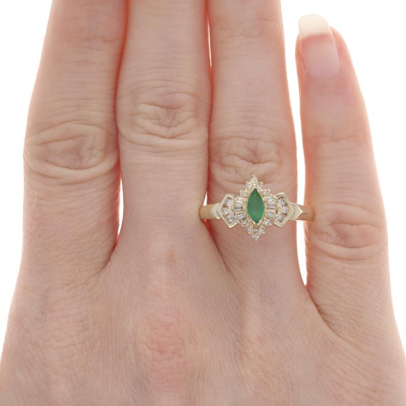 Marquise Cut Yellow Gold Emerald Diamond Halo Ring - 10k Marquise .45ctw For Sale