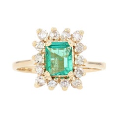 Yellow Gold Emerald & Diamond Halo Ring, 14k Emerald Cut 1.05ctw