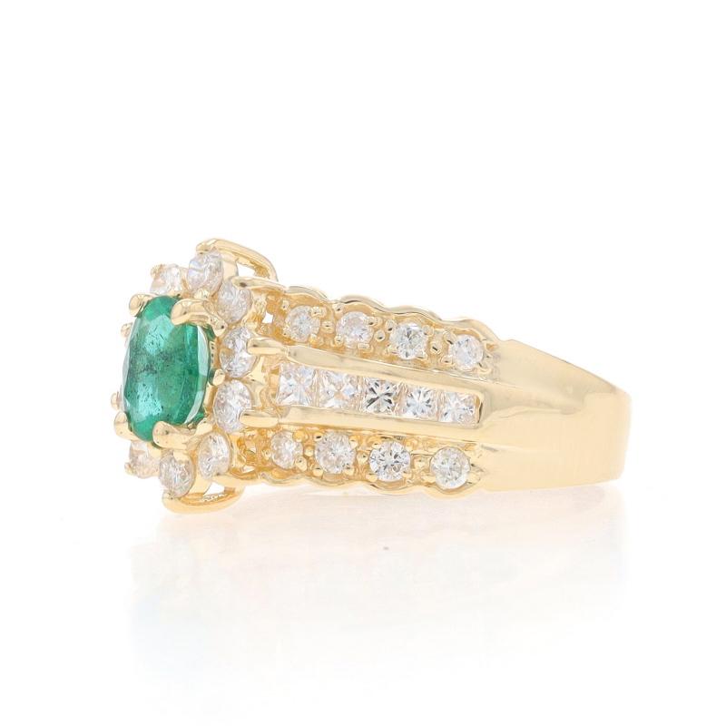 Yellow Gold Emerald & Diamond Halo Ring - 14k Oval 1.64ctw Floral In Excellent Condition For Sale In Greensboro, NC
