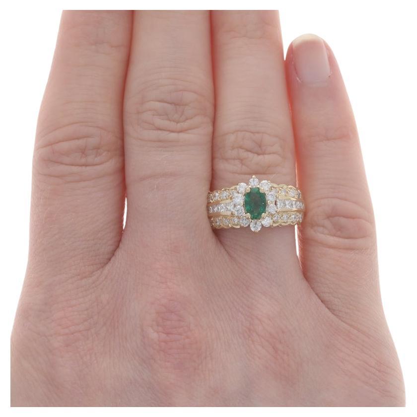 Yellow Gold Emerald & Diamond Halo Ring - 14k Oval 1.64ctw Floral For Sale