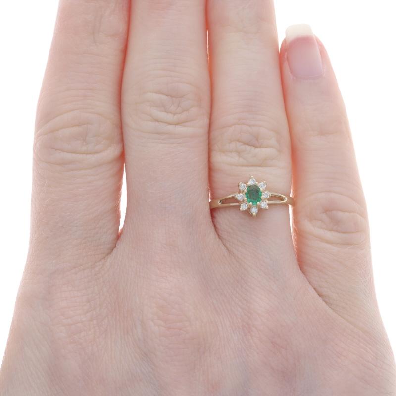 Oval Cut Yellow Gold Emerald Diamond Halo Ring - 14k Oval .21ctw Floral