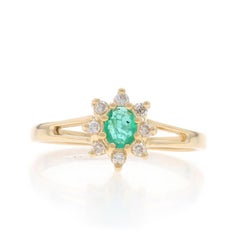 Yellow Gold Emerald Diamond Halo Ring - 14k Oval .21ctw Floral