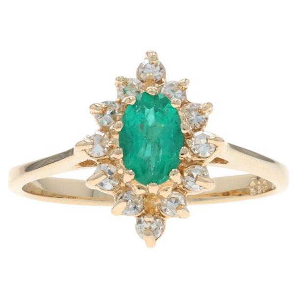 Yellow Gold Emerald Diamond Halo Ring - 14k Oval .84ctw