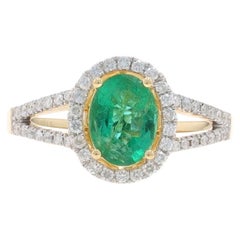 Yellow Gold Emerald Diamond Halo Ring - 14k Oval .85ctw