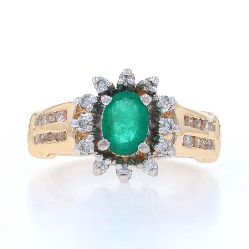 Size: 6
Sizing Fee: Up 1 size for $35 or Down 1 size for $35

Metal Content: 14k Yellow Gold & 14k White Gold

Stone Information

Natural Emerald
Treatment: Oiling
Carat(s): .53ct
Cut: Oval
Color: Green

Natural Diamonds
Carat(s): .42ctw
Cut: Round