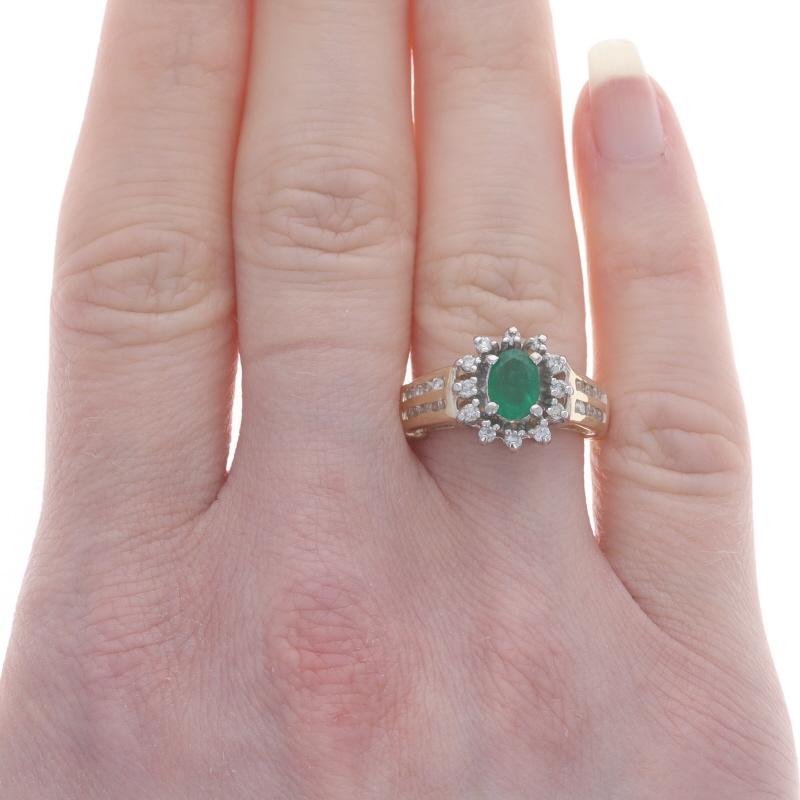 Oval Cut Yellow Gold Emerald & Diamond Halo Ring - 14k Oval .95ctw Floral For Sale