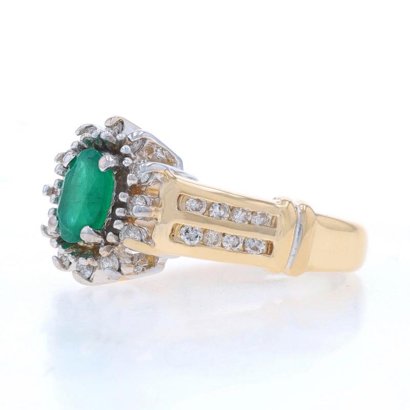 Yellow Gold Emerald & Diamond Halo Ring - 14k Oval .95ctw Floral In Excellent Condition For Sale In Greensboro, NC