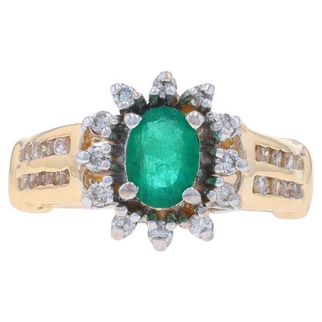 Yellow Gold Emerald & Diamond Halo Ring - 14k Oval .95ctw Floral For Sale