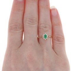 Yellow Gold Emerald & Diamond Halo Ring, 14k Oval Cut .32ctw