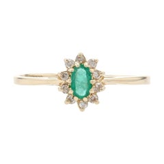 Yellow Gold Emerald & Diamond Halo Ring, 14k Oval Cut .35ctw Floral